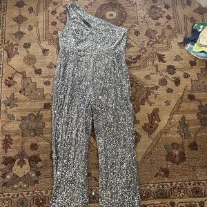 Boohoo Silver sequin one shoulder jumpsuit